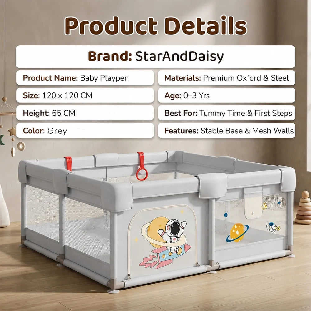 StarAndDaisy Baby Playpen 120 × 120 cm with Breathable Mesh, Grasp Rings & Anti-Slip Base – 0–5 Years, Grey