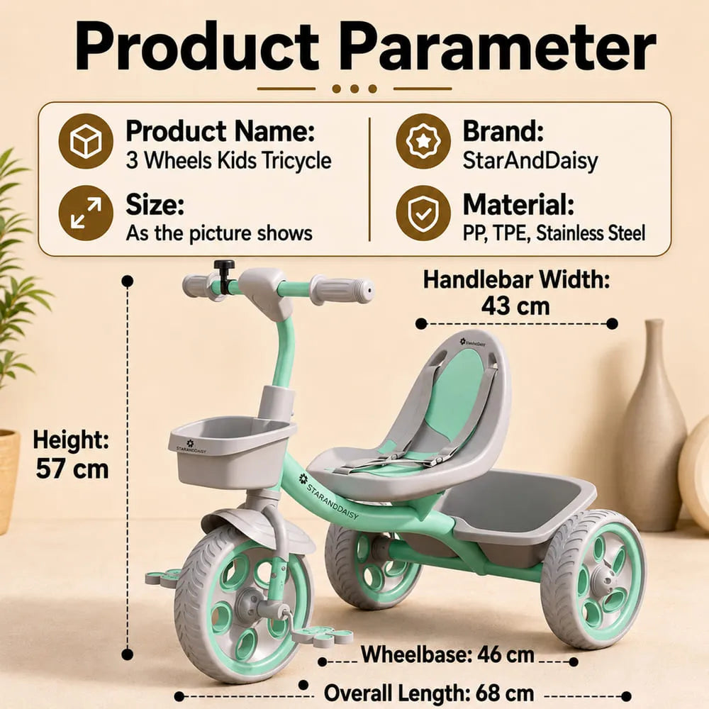 StarAndDaisy Kids Tricycle with Dual Storage Baskets & Safety Belt – 2–5 Years, Green