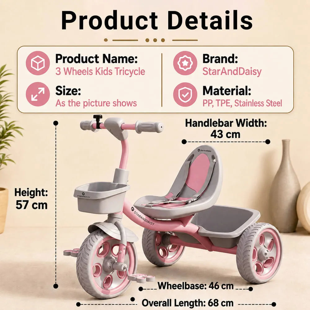 StarAndDaisy Kids Tricycle with Dual Storage Baskets & Safety Belt – 2–5 Years, Pink