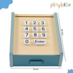 Playblox Funny Money Wooden Cash Register Playset – Interactive Cashier Toy with Wooden Coins, Pretend Currency Notes, Credit Card & Pull-Out Drawer for Toddlers