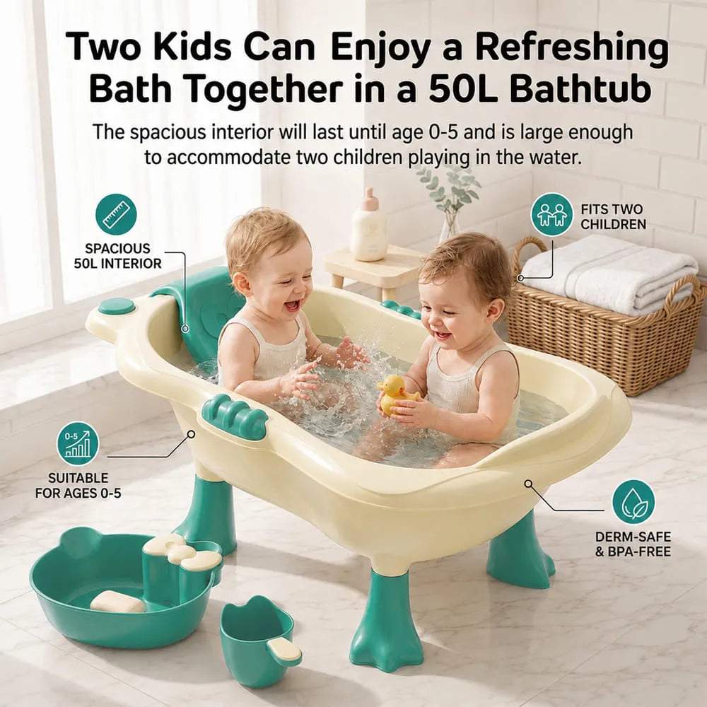 StarAndDaisy Aqua Nest Elevated Baby Bathtub with Support Seat & Bath Accessories – Green & Cream