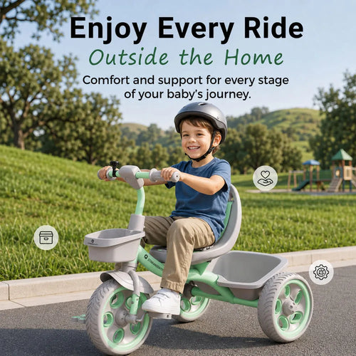 StarAndDaisy Kids Tricycle with Dual Storage Baskets & Safety Belt – 2–5 Years, Green