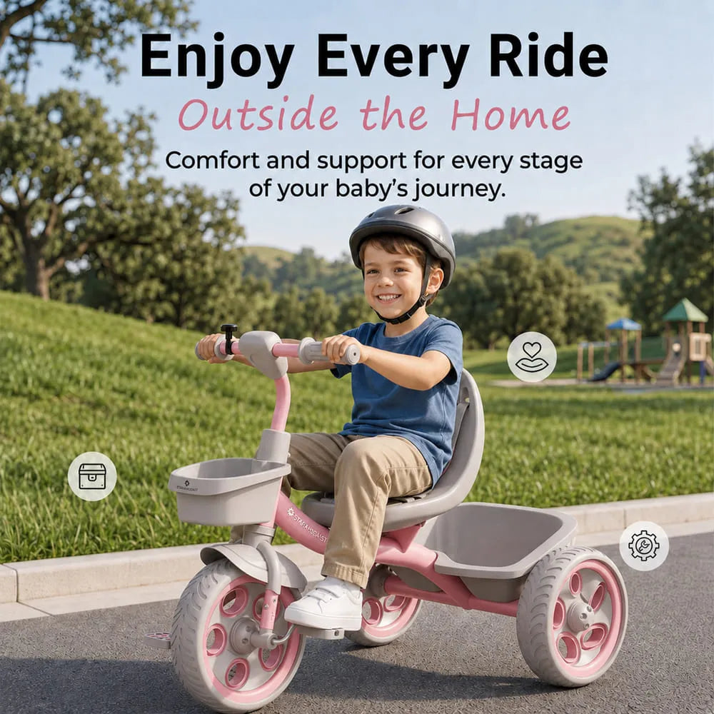 StarAndDaisy Kids Tricycle with Dual Storage Baskets & Safety Belt – 2–5 Years, Pink