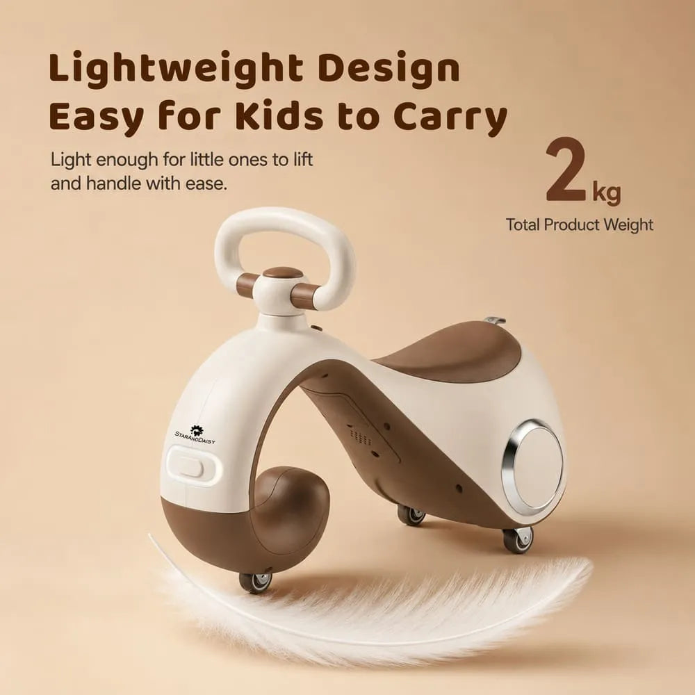 StarAndDaisy Minimovo Baby Balance Bike & Swing Car with Lights, Music & Storage – Brown