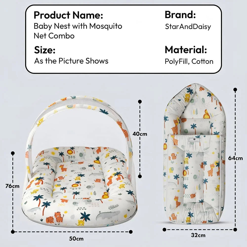 StarAndDaisy Baby Bed Set with Mosquito Net & Sleeping Bag Combo – Travel-Friendly Newborn Bed, Lion Print