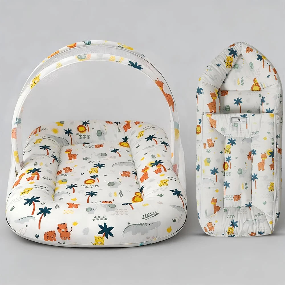 StarAndDaisy Baby Bed Set with Mosquito Net & Sleeping Bag Combo – Travel-Friendly Newborn Bed, Lion Print