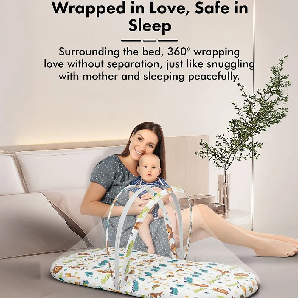 StarAndDaisy Baby Bed Set with Mosquito Net & Sleeping Bag Combo – Travel-Friendly Newborn Bed, Lion Print