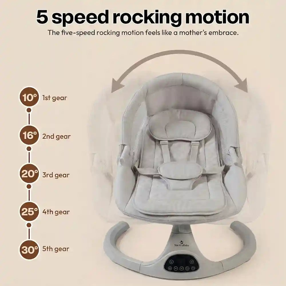 StarAndDaisy Smart Baby Rocker with Bluetooth, 5-Speed Swing, 3 Recline Positions, Music, Mosquito Net & Sunshade – Grey