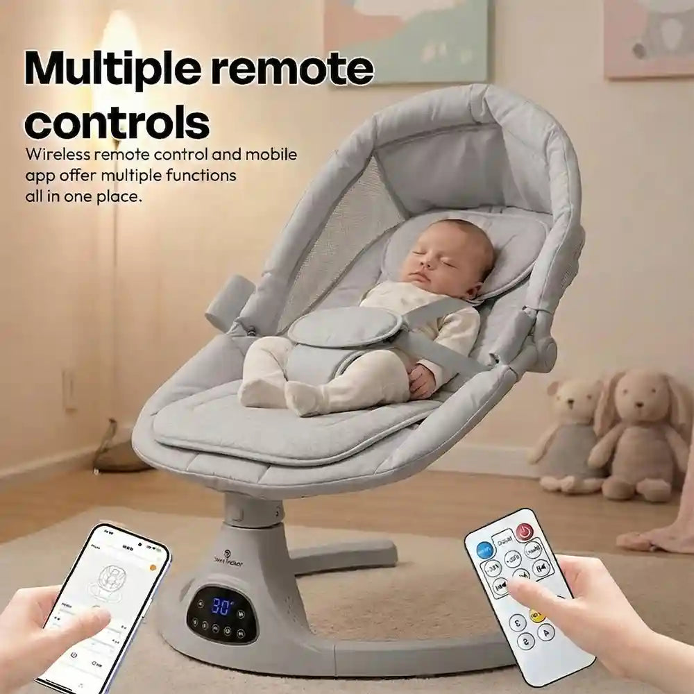 StarAndDaisy Smart Baby Rocker with Bluetooth, 5-Speed Swing, 3 Recline Positions, Music, Mosquito Net & Sunshade – Grey
