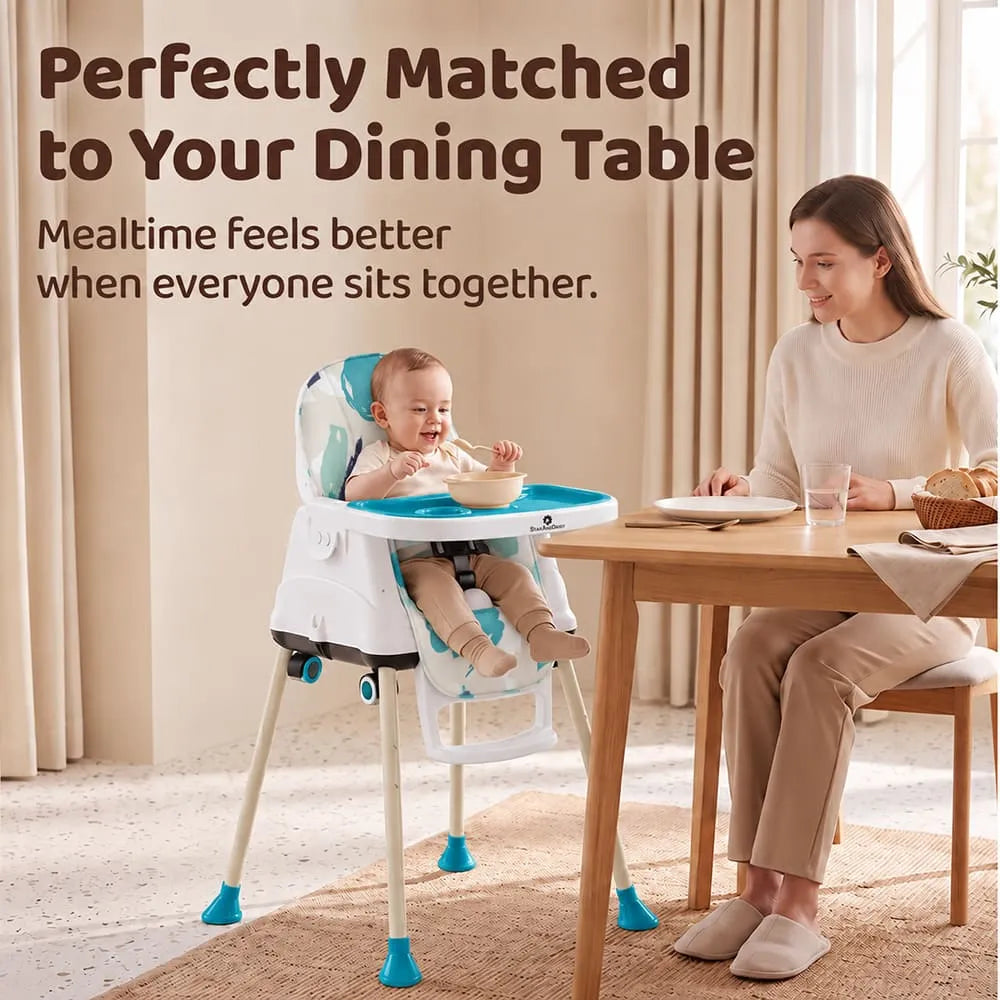 StarAndDaisy 3-in-1 Baby High Chair with Adjustable Double Tray & 3-Point Safety Belt – Blue & White
