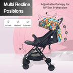 R for Rabbit Pocket Stroller Lite One Hand Fold, Multi Recline, Light Weight, Travel Friendly, Adjustable Canopy, Steel Frame, Link Brake- Black Multi