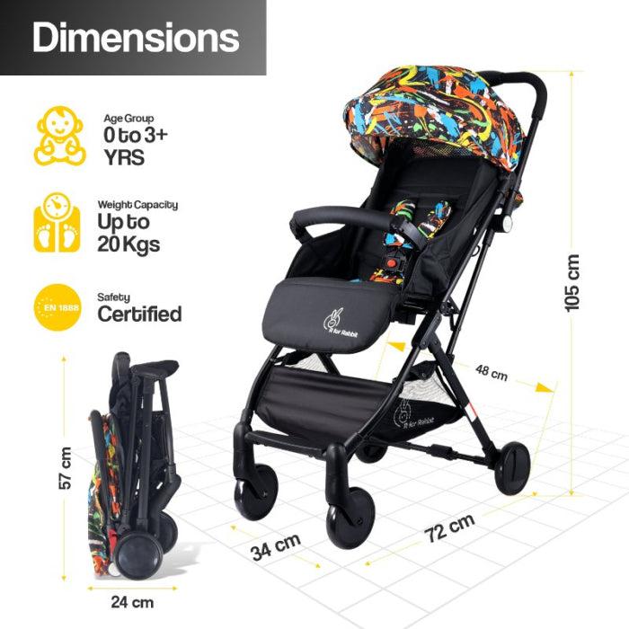 R for Rabbit Pocket Stroller Lite One Hand Fold, Multi Recline, Light Weight, Travel Friendly, Adjustable Canopy, Steel Frame, Link Brake- Black Multi