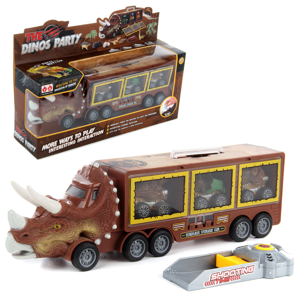 Dinosaur Transport Truck Toy with 3 Cars Dino’s Party Storage & Playset