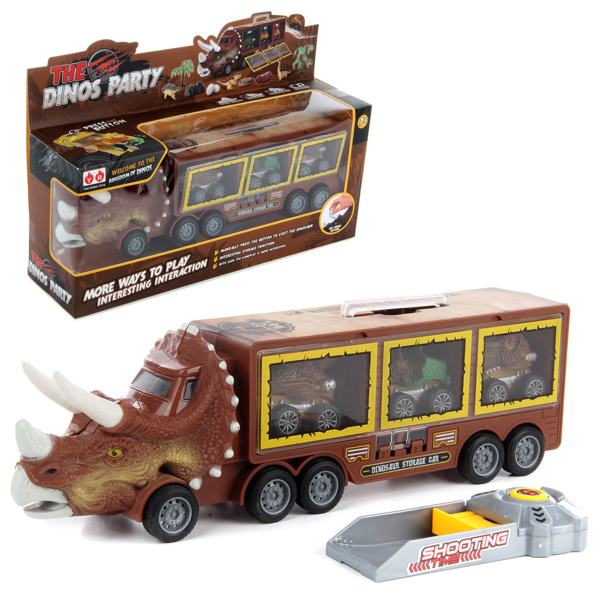 Dinosaur Transport Truck Toy with 3 Cars Dino’s Party Storage & Playset