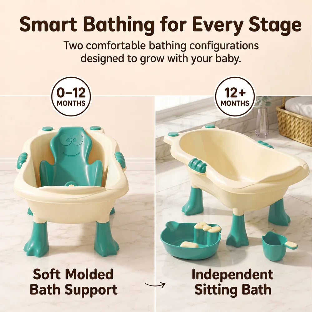 StarAndDaisy Aqua Nest Elevated Baby Bathtub with Support Seat & Bath Accessories – Green & Cream