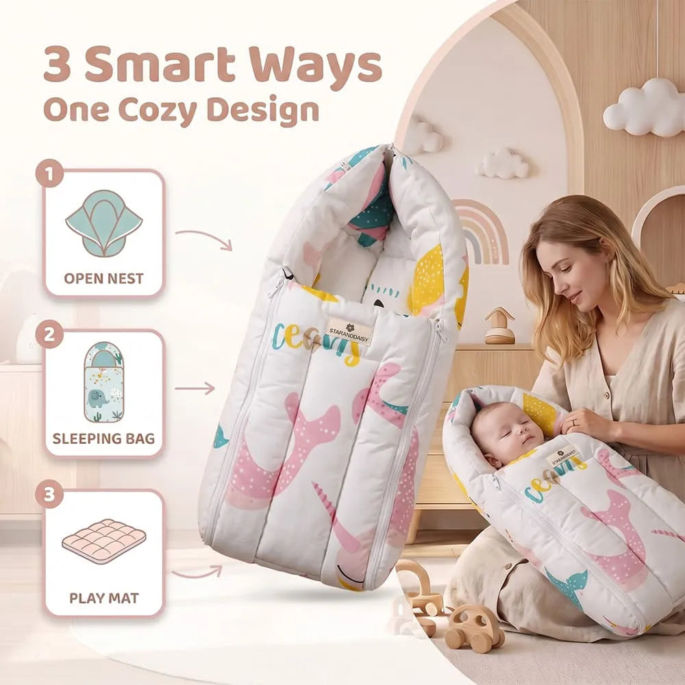 StarAndDaisy 3-in-1 Baby Sleeping Bag, Lounger & Baby Bed – 0–6 Months, Ocean Print