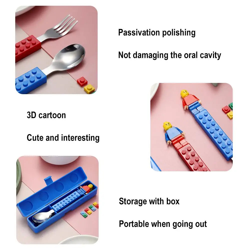 Rainbow Toys Building Blocks Design Stainless Steel Spoon and Fork Set