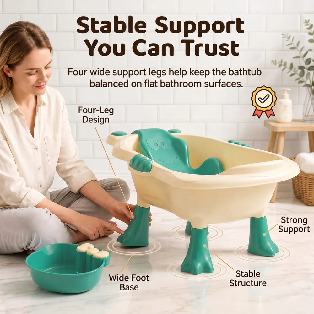 StarAndDaisy Aqua Nest Elevated Baby Bathtub with Support Seat & Bath Accessories – Green & Cream