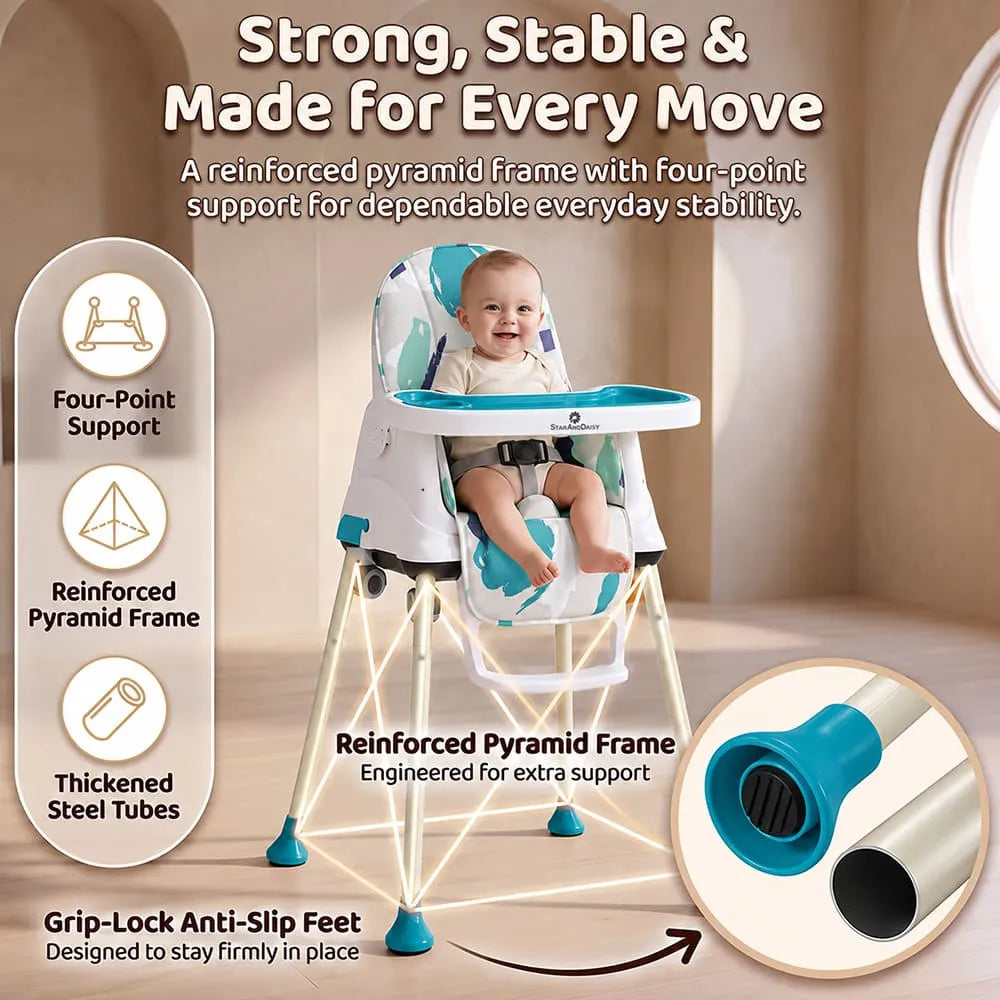 StarAndDaisy 3-in-1 Baby High Chair with Adjustable Double Tray & 3-Point Safety Belt – Blue & White