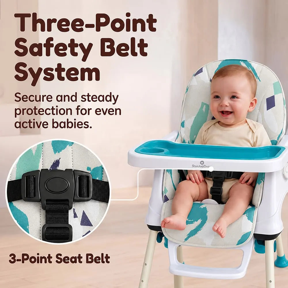 StarAndDaisy 3-in-1 Baby High Chair with Adjustable Double Tray & 3-Point Safety Belt – Blue & White