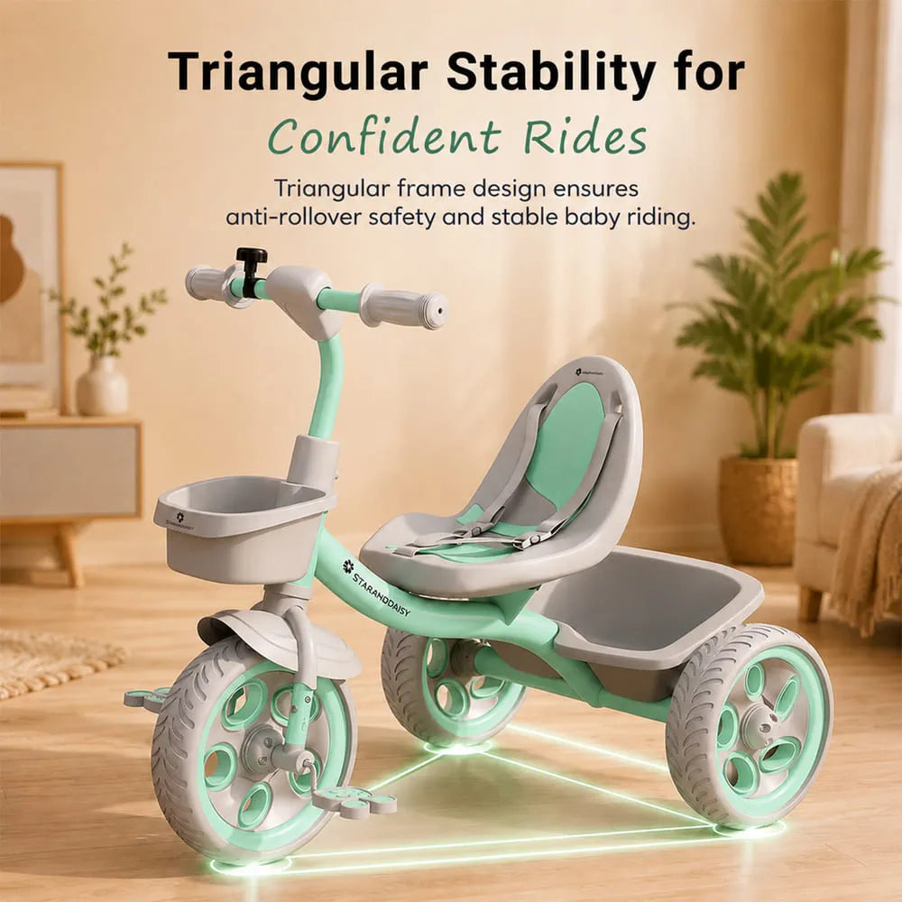 StarAndDaisy Kids Tricycle with Dual Storage Baskets & Safety Belt – 2–5 Years, Green