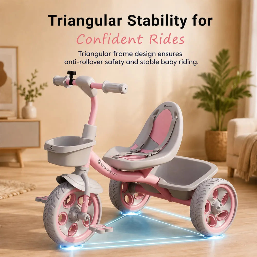 StarAndDaisy Kids Tricycle with Dual Storage Baskets & Safety Belt – 2–5 Years, Pink