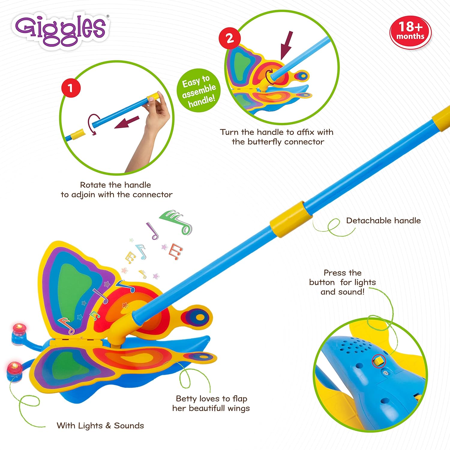 Funskool Giggles - Betty The Butterfly, Push Along Toy, Playful Kids Toy with